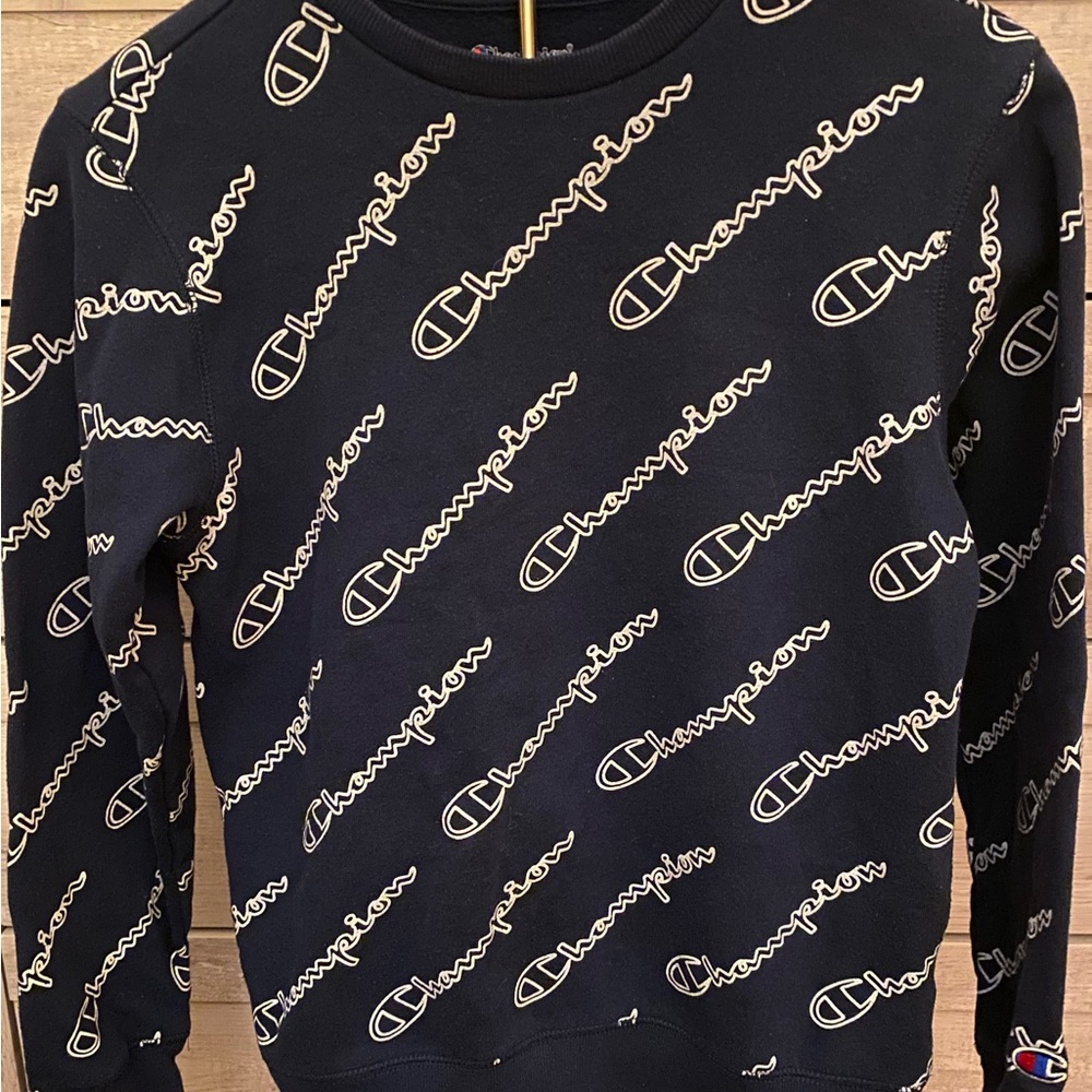 Champion All-Over-Print Kids Crewneck Sweatshirt Navy with Logo Pattern